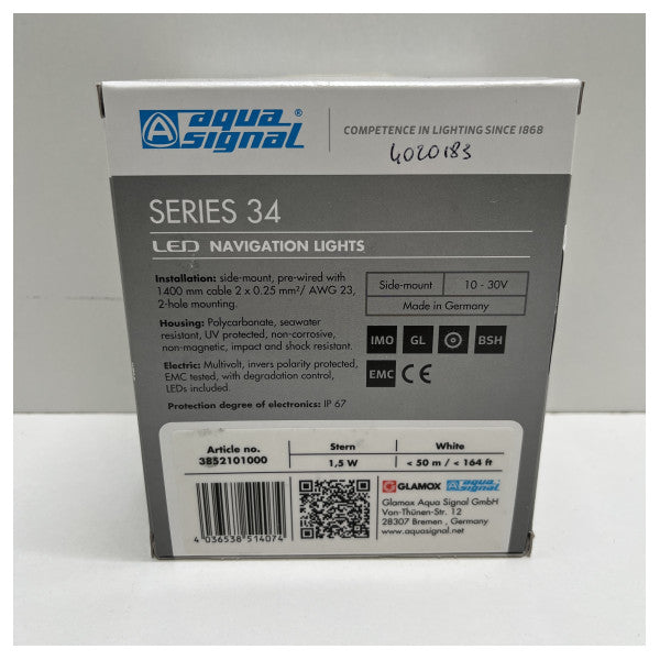 سلسلة أكوا سيجنال 34 مصباح مؤخرة السفينة LED أبيض 12/24 فولت مصباح ملاحي - 3852101000