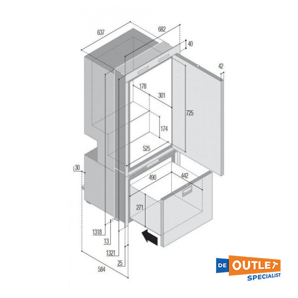 Vitrifrigo 250L Rustfritt stål kjøleskap | Fryser med ismaskin 12 | 24 |.