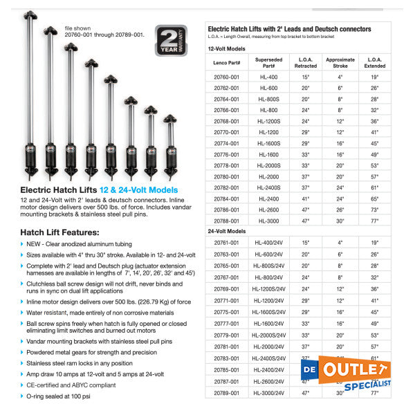 Lenco ställdon för luckhiss 24-tums slaglängd 24V HL2400S - 20779-001