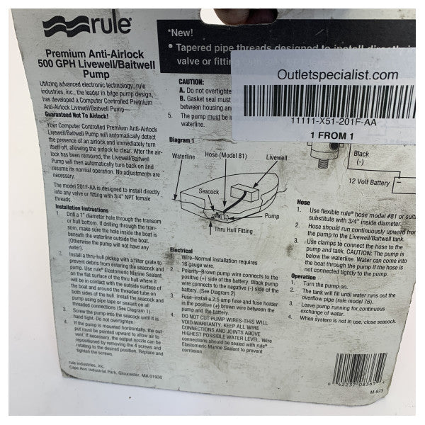 Rule 500 GPH Rule Premium pompe Livewell/Baitwell anti-bouchon d’air -201F-AA 