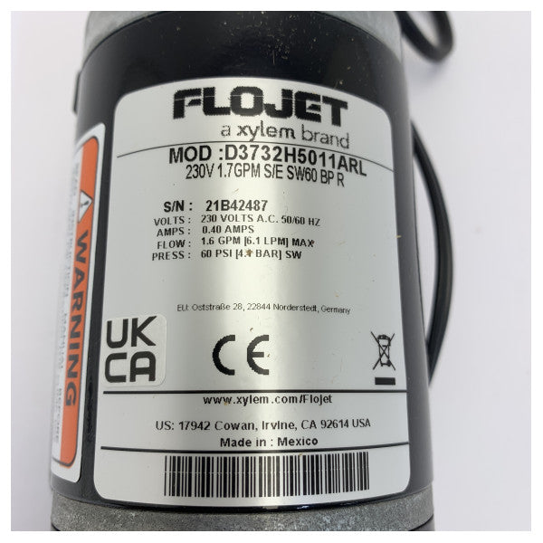 Flojet MPU 230V E/S 2C SW60 Fresh Water Pump 6.1L/m 60 Psi  - D3732H5011ARL 