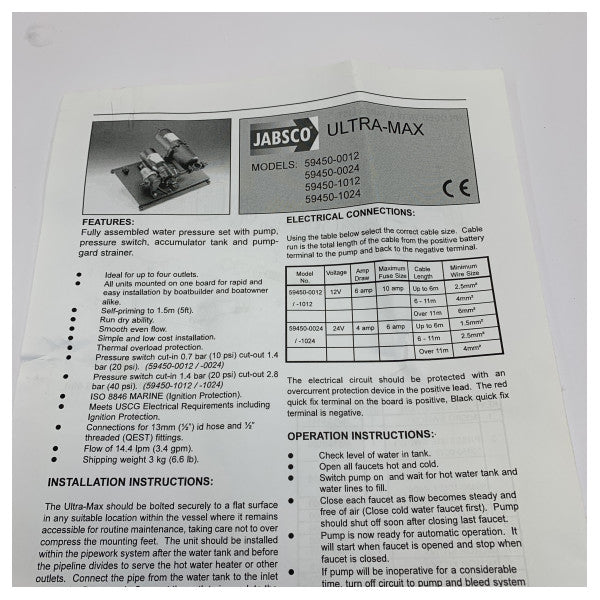 Jabsco 59451-1024 Ultra Max Drinking Water Pump System 24V - 13L/min HP 