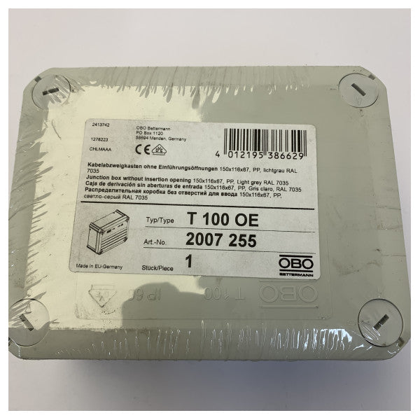 Розподільна коробка OBO Bettermann T 100 OE 151x117x67 мм, світло-сіра, для електричних кабелів 