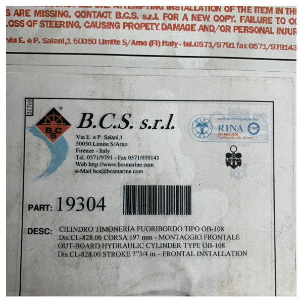 BCS OB-108 - 19304 hydraulischer Steuerzylinder für Außenbordmotoren - 197 mm - 3500N 