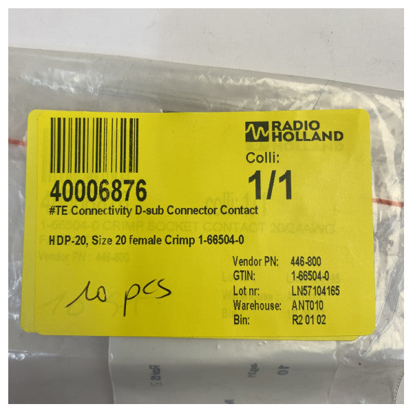 TE Connectivity AMPLIMITE HDP-20 Size 20 Female Crimp D-Sub Contact 1-66504-0 (10 Pcs) 