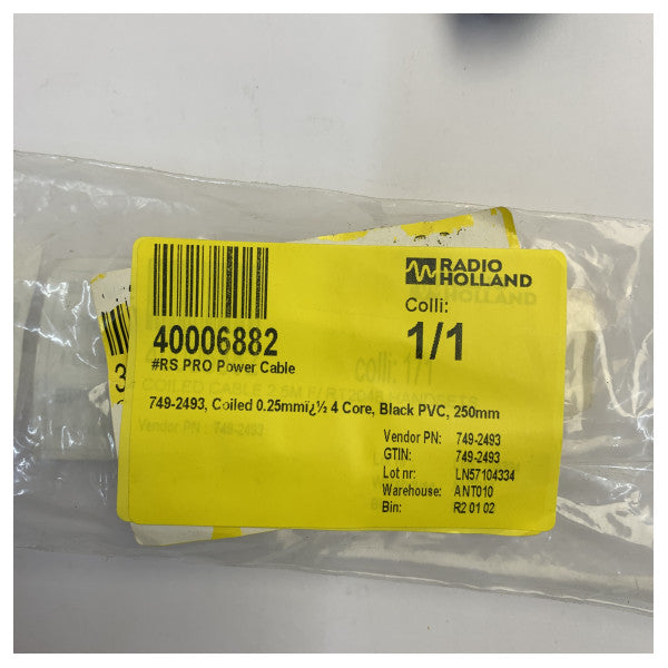 Câble électrique spiralé 4 conducteurs RS PRO 749-2493 0,25 mm² gaine PVC noire, cordon d'alimentation 