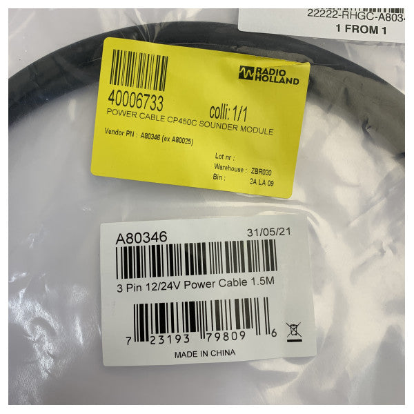 Raymarine A80346 Power Cable 3-Pin, 12/24V 1.5m Marine Electronics Power Cord