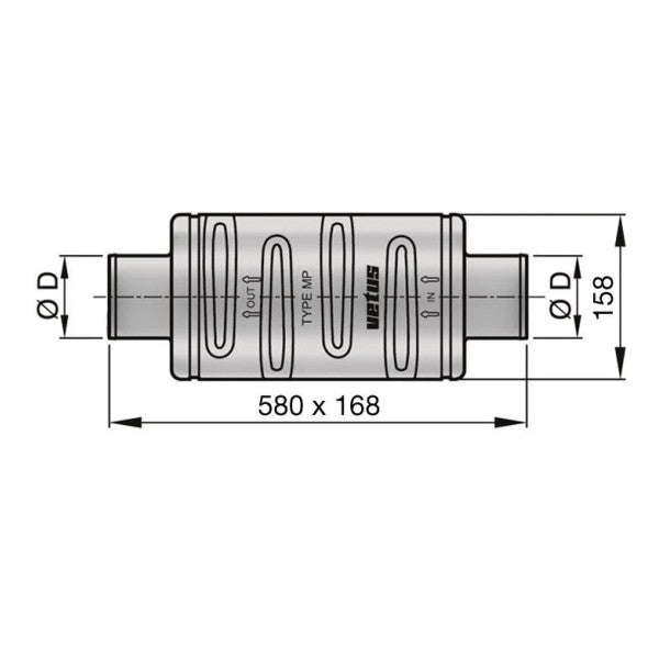 Vetus DEMPMP100 Silencer għal 102mm Exhaust hose 580x168mm 