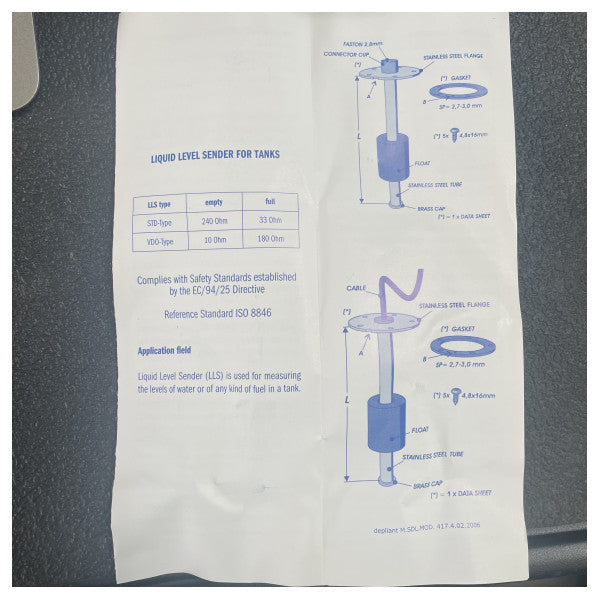 Sensor de nivel de líquido de acero inoxidable tipo STD 240 - 33 Ohm 12V 25 cm - HPYB001/25cm 