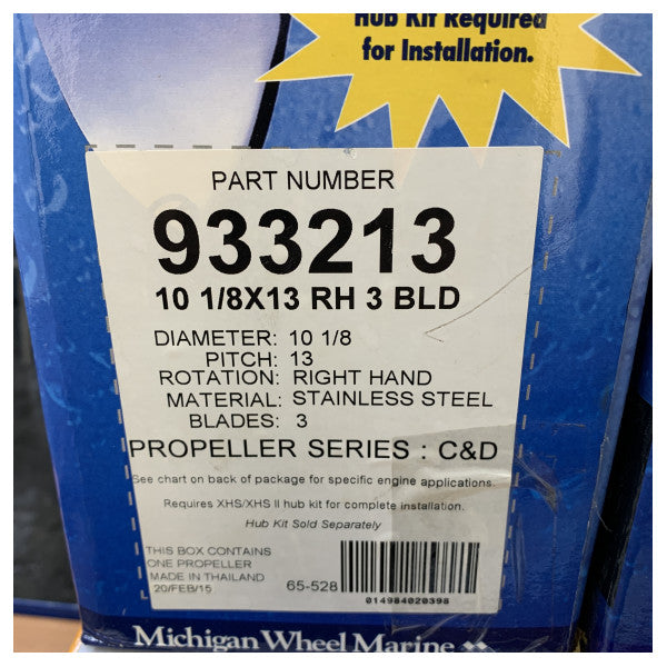 Michigan Ballistic 3-blads propell i rustfritt stål 10 1/8 x 13 RH - 933213 