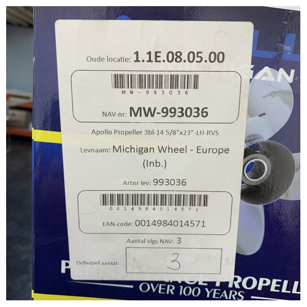 Michigan Apollo 3-bladet rustfri stålpropel 14 5/8 x 23 LH 993036 