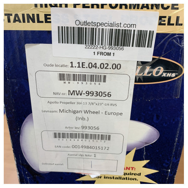 Michigan Apollo 3-bladet rustfri stålpropel 13 7/8 x 23 LH - 993056 