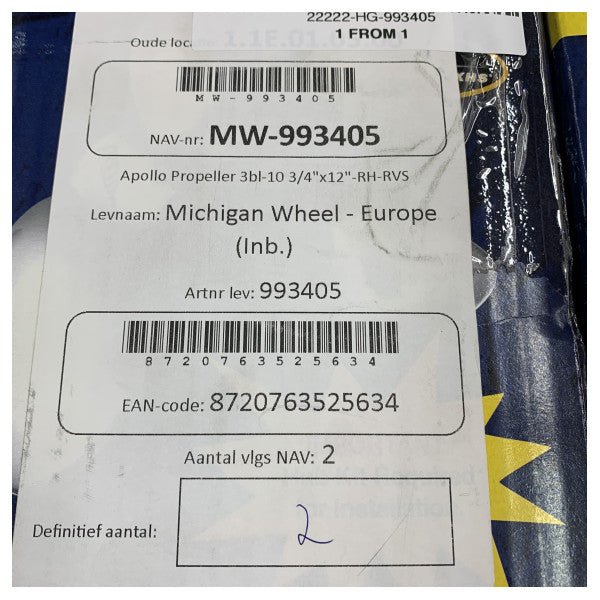 Michigan Apollo 3-bladet rustfri stålpropeller 10 3/4 x 12 RH - 993405 