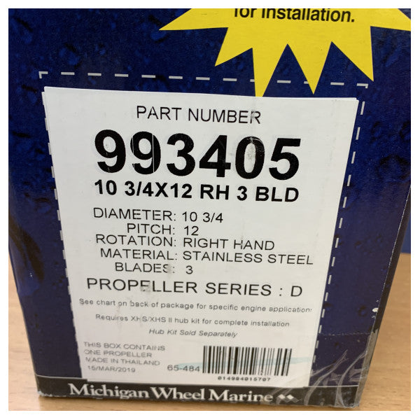 Michigan Apollo 3-bladet rustfri stålpropeller 10 3/4 x 12 RH - 993405 