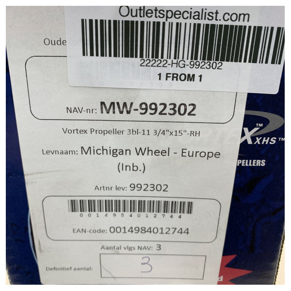Michigan Vortex Aluminium 3-Blatt-Propeller 11 3/4 x 15 RH - 992302 