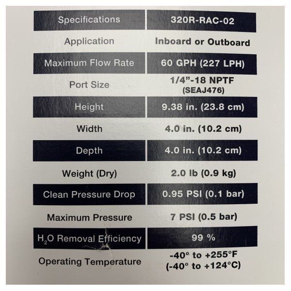 Filtr paliwa i separator wody Parker Racor 320R-RAC-02 do silników stacjonarnych i zaburtowych