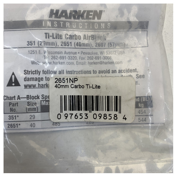 Harken 40-mm-Carbo-Ti-Lite-Block - hochbelastbarer Soft-Attach-Yachtblock - 2651NP 