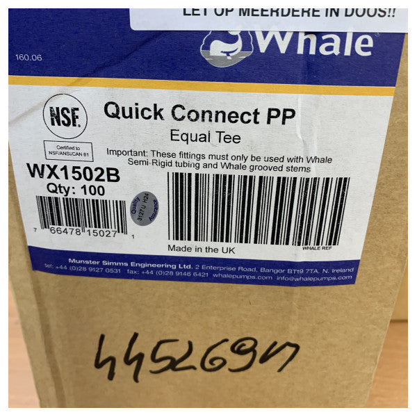 Whale WX1502B Acessório de canalização em T igual Quick Connect de 15 mm para náutica e autocaravanas 