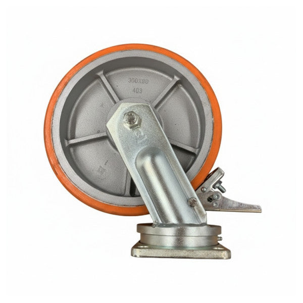 Roulette pivotante Torwegge 80 mm haute résistance avec frein - polyuréthane non marquant 
