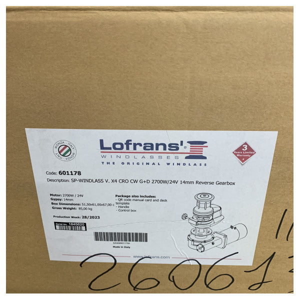 Lofrans X4 vertikal ankervinsj 2,7 kW 24V 14 mm ISO4565 reversibel motor høyre 