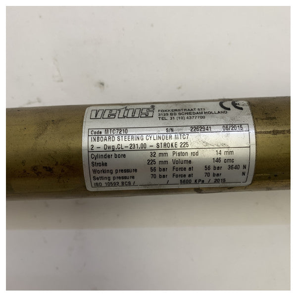Хидравличен управляем цилиндър Vetus MTC7210 за вградени лодъчни двигатели, 22мм диаметър, 225мм ход 