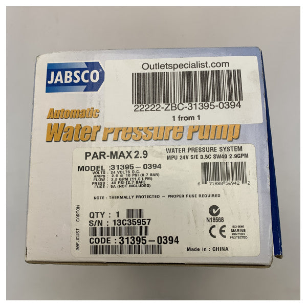 Помпа за питейна вода с регулиране на налягането Jabsco Par Max 2.9 12V 11L/min - 31395-0394
