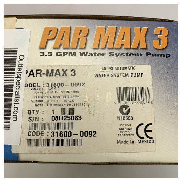 Jabsco Par Max 3 pressure controlled drink water pump 12V 13L/min - 31600-0092