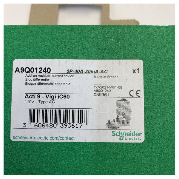 Schneider Electric RCCB 2-Pole 40A 30mA Tip AC 110V Breaker ta' Kurrent Residwu 