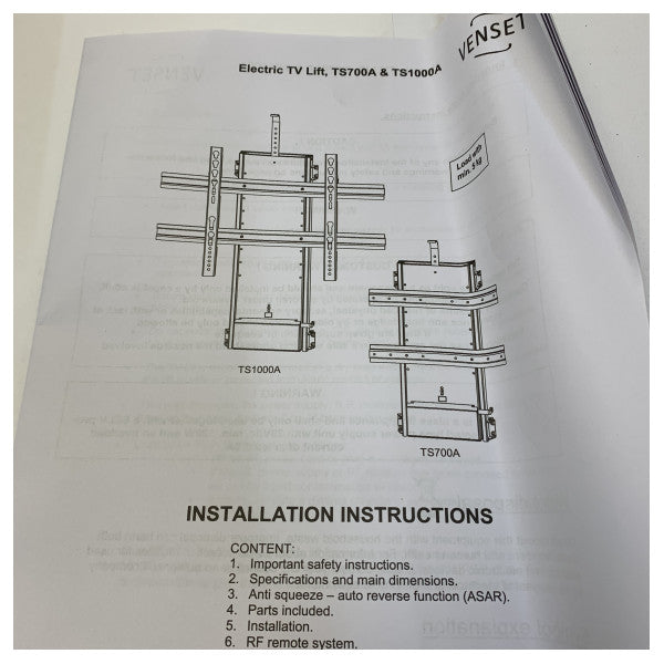 エクサルト・ヴェンセット・電動テレビリフト TS700A（65 KG テレビ用、600 - 1300 mm） 