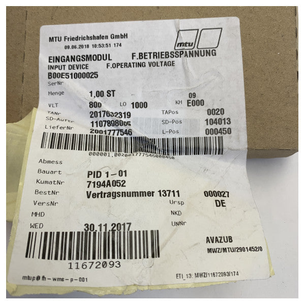 Dispositivo de Entrada Original MTU para Tensão de Funcionamento do Motor - B00E51000025 