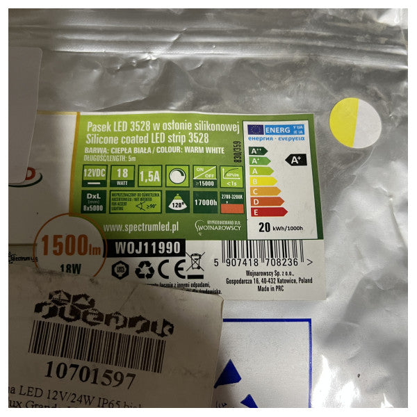 شريط LED بجهد 12V 1500lm - 18W - أبيض دافئ 5م 