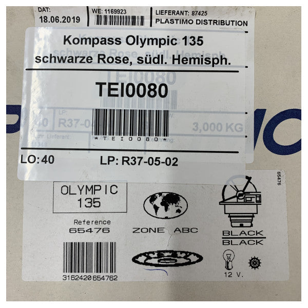 Plastimo Olympic 135 Vätskecompass med svart urtavla 12/24V - 19346 