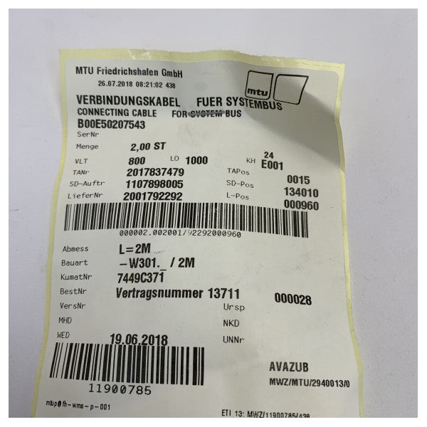 Câble de connexion du bus système MTU B00E50207543 