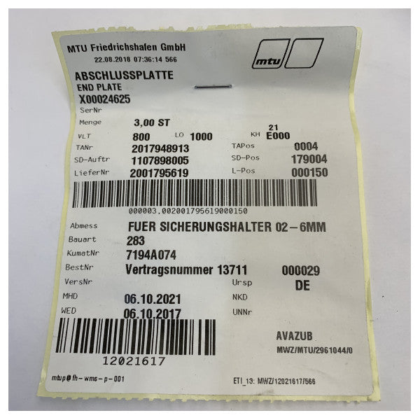 MTU X00024625 Eindplaat voor zekeringhouder Oranje 