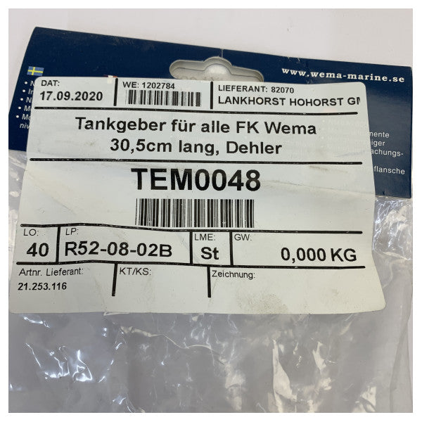 Сензор за ниво на резервоар Wema от неръждаема стомана 305 мм S3H 230 - 30 Ома - 126712 