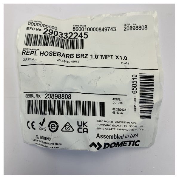 Dometic Messing Slangeforbindelsesstykke BRZ 1.0ZMPT X 1.0ZHB - 9108712947 