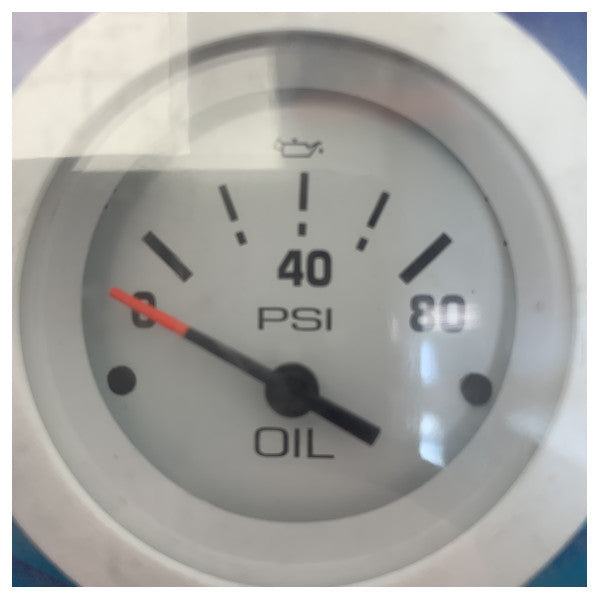 Манометр Teleflex 67180E білого кольору з індикацією тиску масла від 0 до 80 PSI