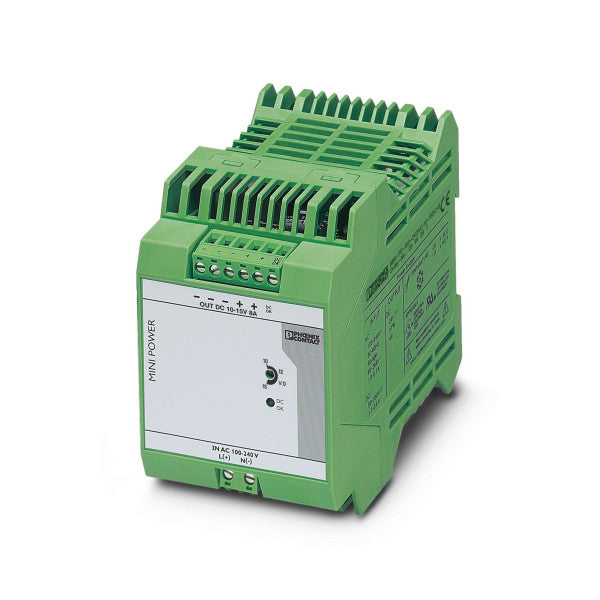 Phoenix Contactin merivirtalähde 10-15V DC, 8A, jossa on kestävä DIN-kiskokiinnitys teollisuus- ja merenkulkusovelluksiin