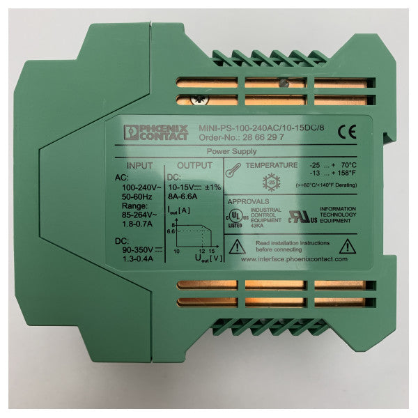 Phoenix Contactin merivirtalähde 10-15V DC, 8A, jossa on kestävä DIN-kiskokiinnitys teollisuus- ja merenkulkusovelluksiin