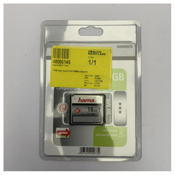 Hama CompactFlash-kort 16GB High Speed Gold 22MB/s Klasse 10 minnekort 