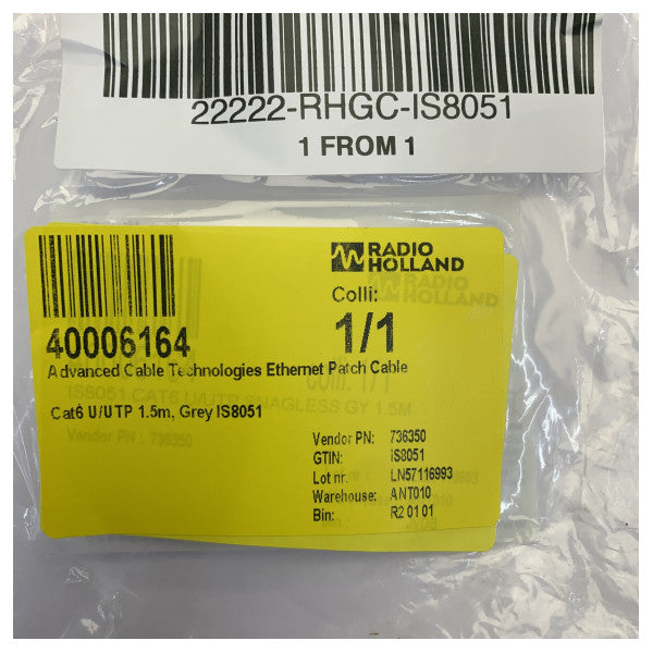 Advanced Cable Technologies Cat6 U/UTP イーサネット・パッチケーブル 1.5m グレー IS8051 