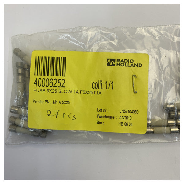 Glass fuse 5x25mm Slow-blow 1A - F5X25T1A - Set of 27 pieces 
