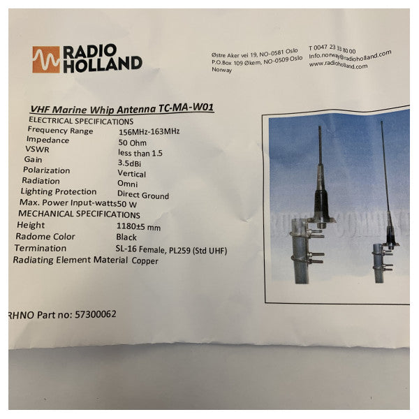 TC-MA-W01 VHF морска антена с монтажна скоба 
