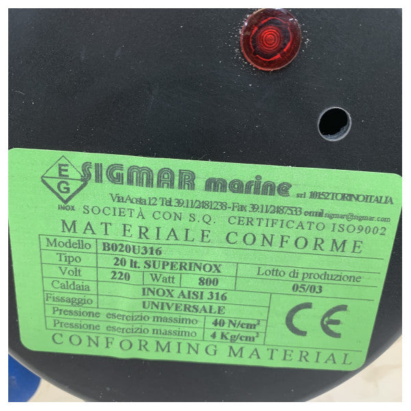 Quick Sigmar SuperInox 20L Boiler Stainless Steel Hot Water 230V - 800W 