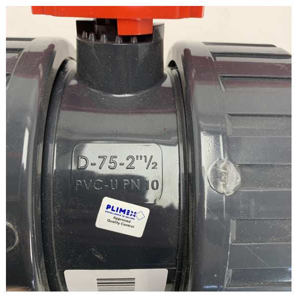 Valvola a sfera Profec Safe D-75-2.5 PVC-U PN 10 - Valvola in PVC di qualità marina per un controllo affidabile del flusso d'acqua.