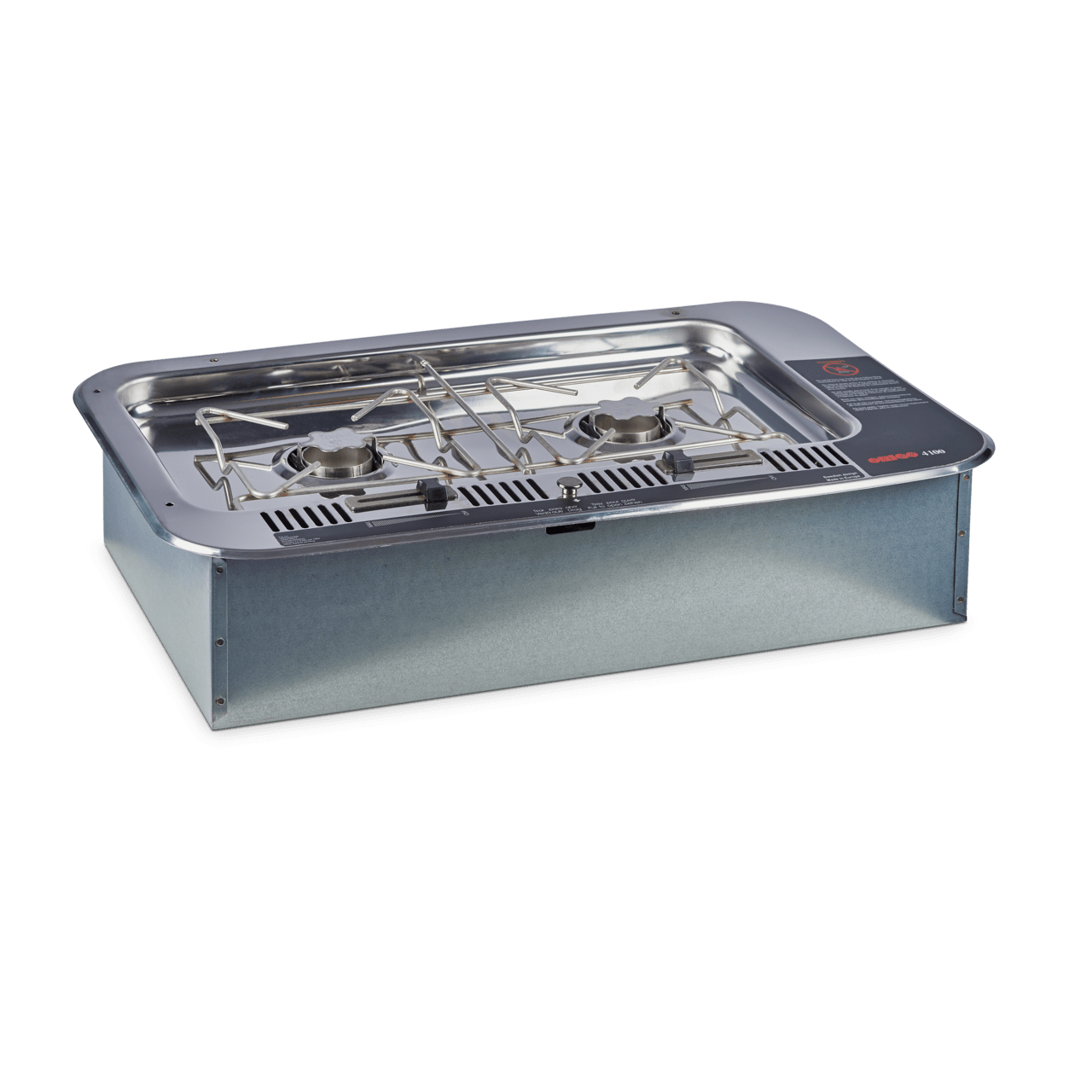 Dometic Origo 4100 ruostumattomasta teräksestä valmistettu 2-polttiminen alkoholiliesi ilman lasilevyä.