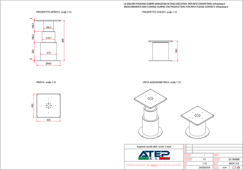 ATEP electric table pedestal AISI316 H690-H340 3stages 24V - 20.18898B/INO