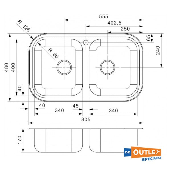 Reginox Regent 20 dubbele RVS spoelbak opbouw 805 x 480 mm - R03794