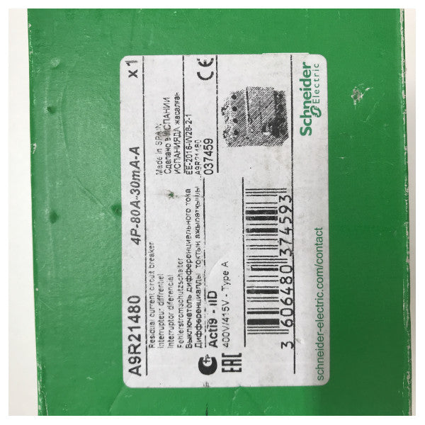 Schneider Electric A9R21480 interruptor de circuito de fuga de tierra 4p 80a 30 mA