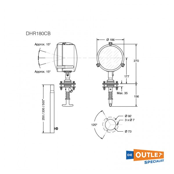 DHR 180 CB manuell gesteuerter LED-Suchscheinwerfer aus Edelstahl 12/24V